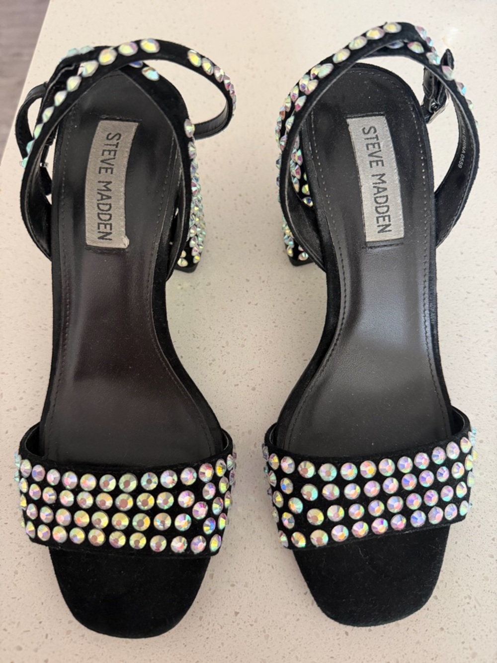 Steve Madden Black Iridescent Crystal Block Heel Sandals